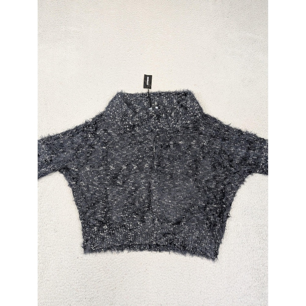 Express Sweater Womens XS Gray Fuzzy Eyelash‎ Cropped Dolman Mock Neck Pullover